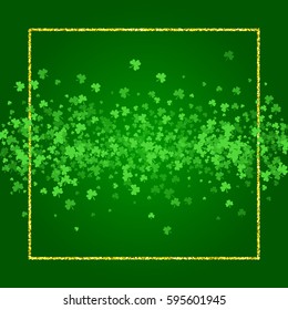 Square Saint Patricks Day background with green clover confetti. Stripe of shamrock leaves and golden glitter frame. Template for greeting card design, banner, flyer, party invitation.