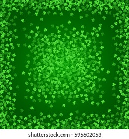 Square Saint Patricks Day background with green clover confetti. Frame of shamrock leaves. Template for greeting card design, banner, flyer, party invitation.