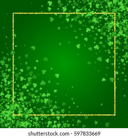 Square Saint Patricks Day background with green clover confetti. Diagonal frame of shamrock leaves and golden glitter. Template for greeting card design, banner, flyer, party invitation.