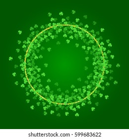 Square Saint Patricks Day background with green clover confetti wreath. Round frame of shamrock leaves and golden glitter. Template for greeting card design, banner, flyer, party invitation.