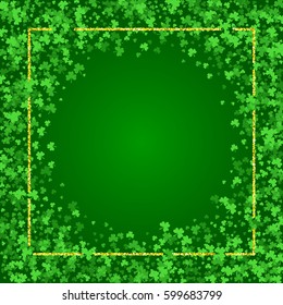 Square Saint Patricks Day background with green clover confetti. Round frame of shamrock leaves and golden glitter. Template for greeting card design, banner, flyer, party invitation.