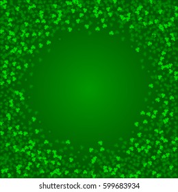 Square Saint Patricks Day background with green clover confetti. Round frame of shamrock leaves. Template for greeting card design, banner, flyer, party invitation.