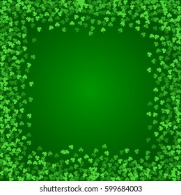 Square Saint Patricks Day background with green clover confetti. Frame of shamrock leaves. Template for greeting card design, banner, flyer, party invitation.