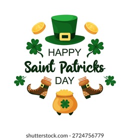 Banner da web Square Saint Patricks Day. Moedas de chapéu, folha de trevo e ouro sobre fundo branco. Cartão comemorativo de feriado. Ilustração de vetor desenhada à mão.