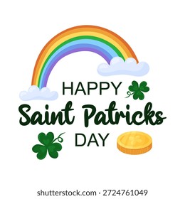 Banner da web Square Saint Patricks Day. Arco-íris, folha de trevo e moedas de ouro sobre fundo branco. Cartão comemorativo de feriado. Ilustração de vetor desenhada à mão.