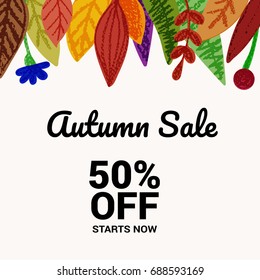 a  square sale background of  leaves and floral and herbal elements; hand made by pencils; trendy cartoon illustration style; 50% off