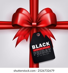 Square sale banner with 3d red gift bow and price tag with promo for BLACK FRIDAY event. Social Media post, wallpaper with silk ribbon and discount label with special offer for online shopping