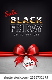 Anuncio de venta cuadrada con lazo de regalo rojo 3d y etiqueta de Precio con promoción para el evento BLACK FRIDAY. Tarjeta del anuncio, cartel, Fondo de pantalla con la cinta de seda y la etiqueta del descuento con la oferta especial para las compras en línea