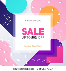 Square Sale banner with geometric shapes, lines, dots. Background in Memphis style for promotion, social media post, advertising, Summer Sale, Black Friday. Vector template.