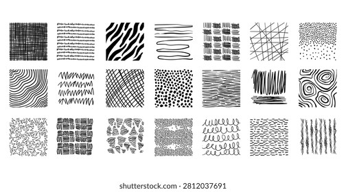 Square samples of hand drawn crosshatch patterns. Vector realistic illustration of abstract thin pencil doodles on white background, seamless geometric texture with spiral, wood lines, hearts, dots