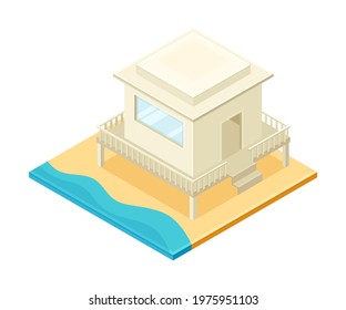 Square Sand Area with Beach Stand or Lifeguard Tower as Beach Vacation Isometric Vector Illustration