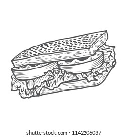 Square sandwich with lettuce, ham, cheese and tomato slices. Hand drawn sketch style. Grilled bread. Fast food drawing for restaurant menu and street food package. Vector illustration.