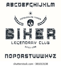 Square sanserif font with contour. Print for t-shirt. Black print on white background