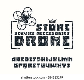 Square sanserif font and drone store emblem. Black print on white background