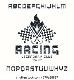 Square sanserif font in racing style with sport emblem. Black print on white background