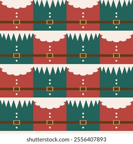 Square Santa Claus and elf checkered style Christmas holiday, seamless pattern for wrapping paper, gift box, wallpaper and decoration.