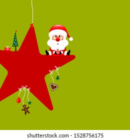 Square Santa Claus Sitting On Star With Icons on Light Green