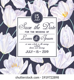 Square Save the Date card template with white tulip flowers. Spring botanical wedding invitation. Realistic style, hand drawn floral elements for greeting cards, poster social media banner advertising