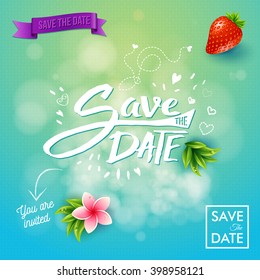 Square Save the Date text and background in blue and green gradient with flower, leaves, strawberry, hearts and other objects