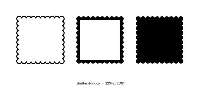 Square scalloped frames. Scalloped edge rectangle shape. Simple label and sticker form. Flower silhouette lace frame. Repeat vintage frill ornament. Vector illustration isolated on white background.