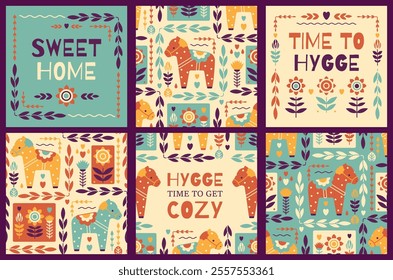 Square Scandinavian folk motifs with hand drawn Dala horses, floral patterns. Cozy hygge themed designs. Warm and comfort home decor backgrounds, frames for copy space or greeting card templates