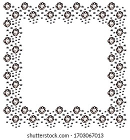 Square Scandinavian frame with place for text of hand-drawn lions heads and black cat footprints on a white background. For the design of invitation, greeting, card, baby shower, banner. Vector