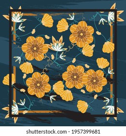 Square scarf design with bright yellow floral motif on dark blue background and brush touch adds a deep impression with outlines, perfect for printing cloth, scarf, hijab, or for other fashion, other