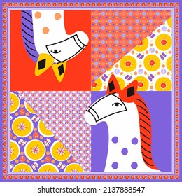 Square scarf design with dymkovo toy horses heads and colorful patterns. Vector art 