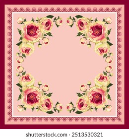 Impressão quadrada do desenho do cachecol com uma borda de renda e uma impressão de rosa amarela e rosa pintada a óleo. Buquês de rosas bonito e elegante. Hijab, lenço, travesseiro, bandana e design têxtil interior.