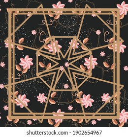 square scarf design with small flower illustrations plus abstract shapes with outlines combined with rotated triangles in such a way that the scarf is contemporary and trendy