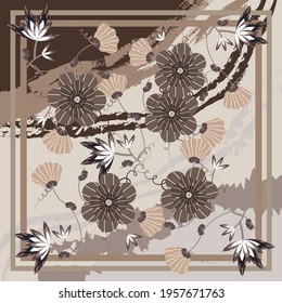 Square scarf design in soft colors and pretty flowers with leaves and stalks. equipped with modern abstract shapes. suitable for fabric printing, scarf, hijab, fashion printing or home decor and other