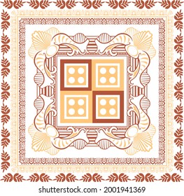 Square scarf design in soft colors and pretty flowers with leaves and stalks. equipped with modern abstract shapes. suitable for fabric printing, scarf, hijab, fashion printing or home decor and other