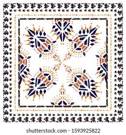 Square scarf ethnic ornate print silk.  Shawl ornament carpet