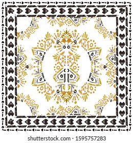 Square scarf ethnic ornate print silk.  Shawl ornament carpet