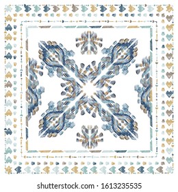 Square scarf ethnic ornate print silk.  Shawl ikat  embroidery autentic fabric ornament carpet. 