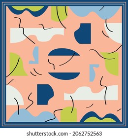 Square scarf pattern with abstract geometric ornament. Colorful scarves design