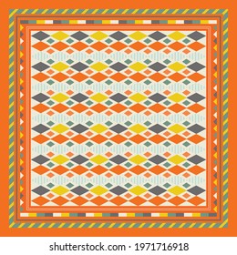 Square scarf pattern with colorful geometry lines on orange color. Silk scarves design