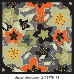 Square scarf pattern design with flower motif. Silk scarves