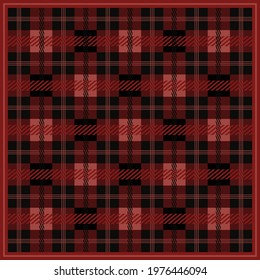 Square scarf with tartan pattern on red and black