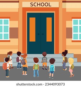 Square school banner. Children going to school. Boy and girl back view. Square building entrance. Vector illustration.