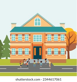 Square school banner with copy space. Children going to school. Back to school concept banner. Vector illustration.
