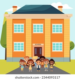 Square school banner. Group of children and school building. Back to school vector illustration.