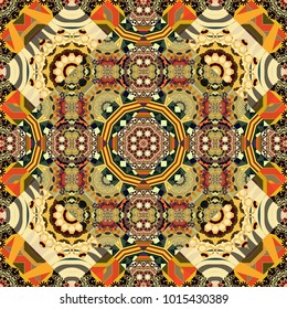 Square scraps in oriental style. Abstract seamless pattern in yellow, brown and green colors. Vector illustration. Ideal for printing on fabric or paper.