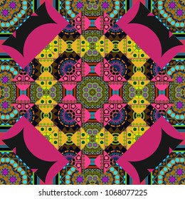 Square scraps in oriental style. Abstract seamless pattern in brown, black and magenta colors. Vector illustration. Ideal for printing on fabric or paper.