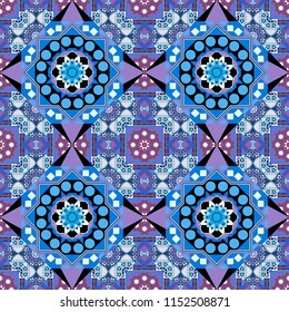 Square scraps in oriental style. Abstract seamless pattern in black, blue and violet colors. Ideal for printing on fabric or paper. Vector illustration.