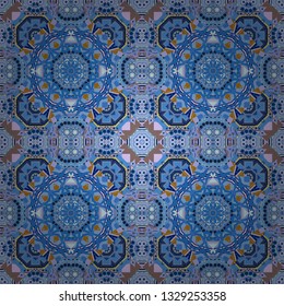 Square scraps in oriental style. Abstract seamless pattern in blue, violet and brown colors. Vector illustration. Ideal for printing on fabric or paper.