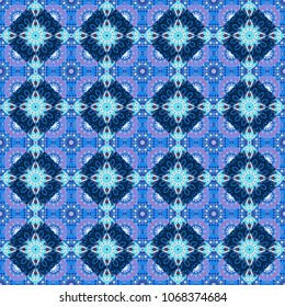 Square scraps in oriental style. Ideal for printing on fabric or paper. Abstract seamless pattern in blue, violet and black colors. Vector illustration.
