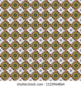 Square scraps in oriental style. Ideal for printing on fabric or paper. Vector illustration. Abstract seamless pattern in orange, blue and white colors.