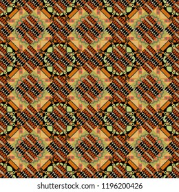 Square scraps in oriental style. Ideal for printing on fabric or paper. Vector illustration. Abstract seamless pattern in orange, black and green colors.