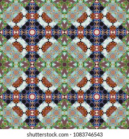 Square scraps in oriental style. Vector illustration. Ideal for printing on fabric or paper. Abstract seamless pattern in orange, blue and green colors.